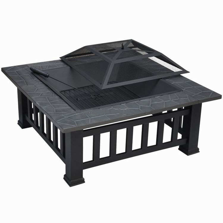 Square Metal Steel Fire Pit BBQ Table with Grill Cover